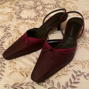 NWOT red raw silk and leather sling back heels